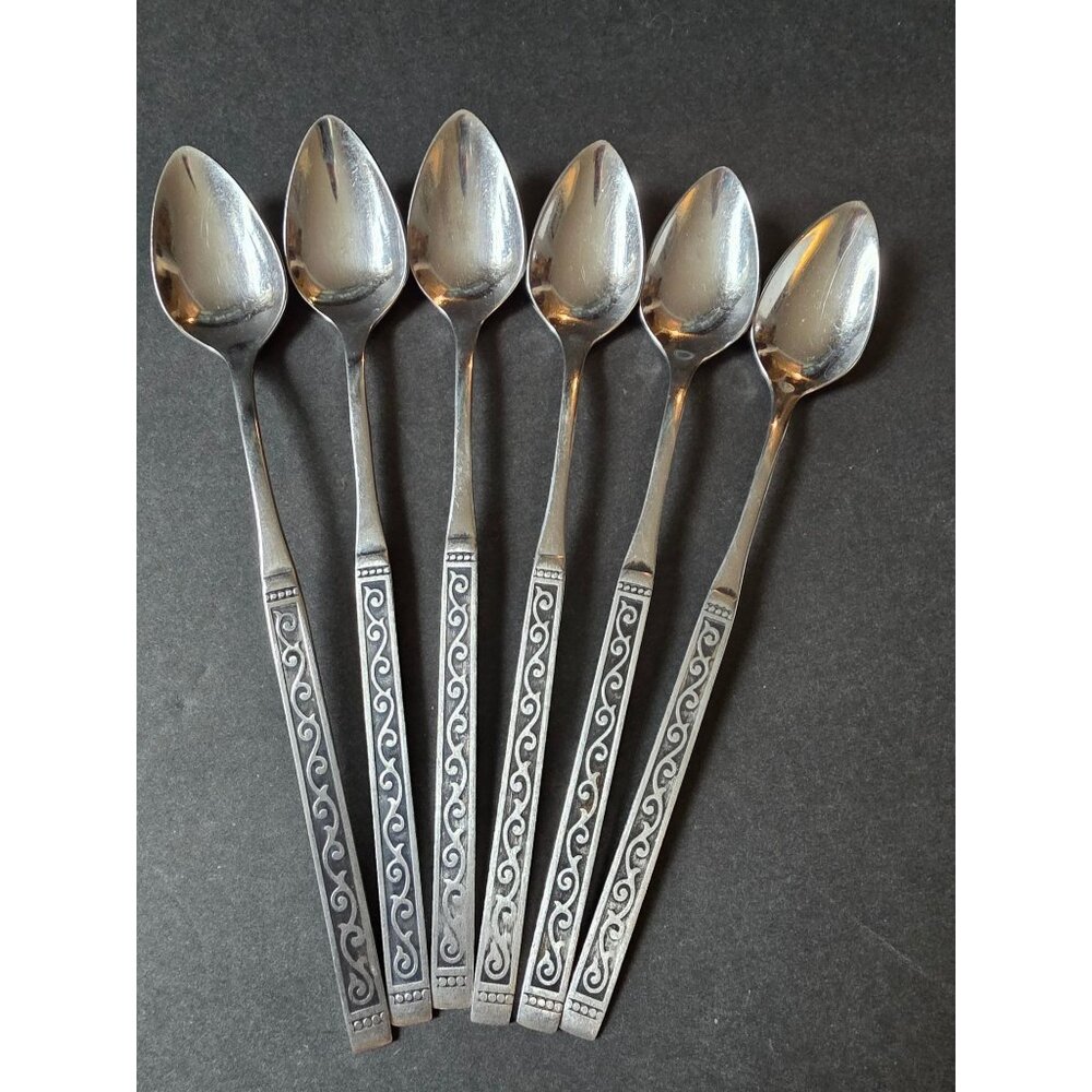 Set Of 6 Oneida Deluxe Stainless Steel Iced Teaspoons With Ornate Handle Design